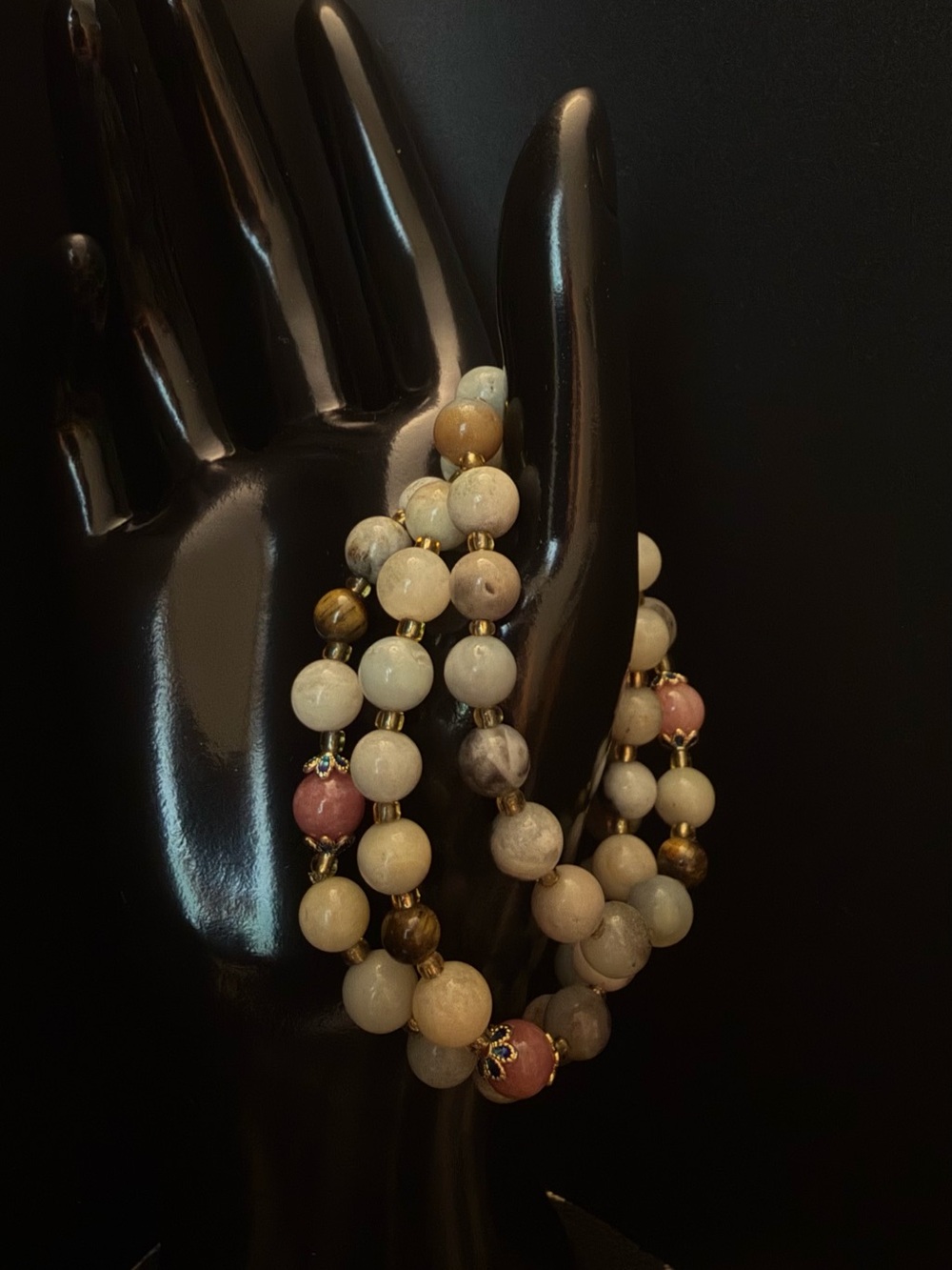 Natural stone colors - Glass Beaded Stretch Bracelet with gold-tone spacers